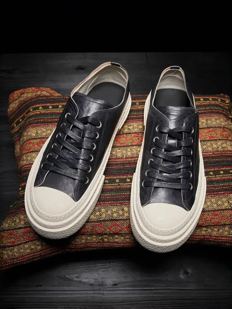 New Mens Low Cut Lace Up Skateboard Shoes Horsehide Genuine Leather Casual Shoes Flats Joggers Sneakers Vintage Breathable Shoes