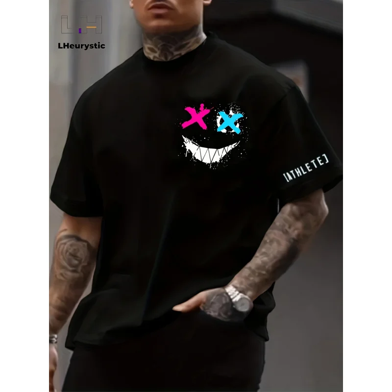 Men's personalized trendy smiley face print fashion color block short-sleeve round neck shirtTShirt，Summer outdoor sports