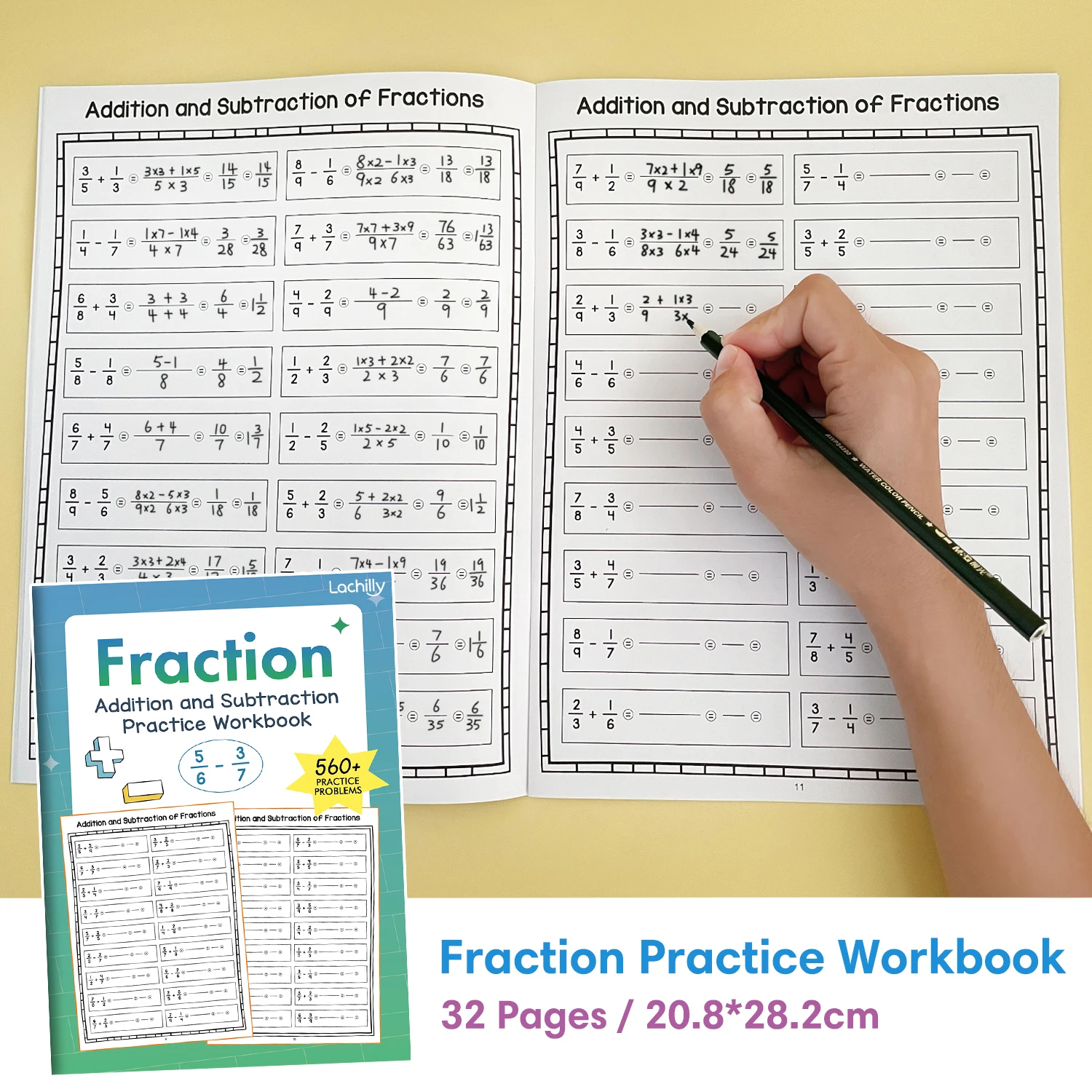 Fraction Addition Subtraction Math Workbook Basic Fraction Operations for Elementary Students Classroom Learning Exercises Book
