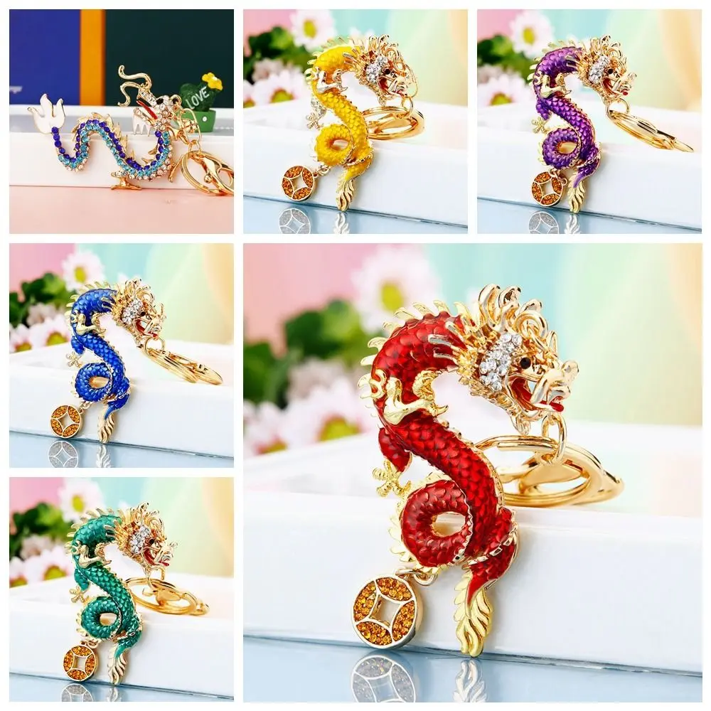 Strass de metal dragão chaveiro incrustação strass zodíaco chinês dragão incrustação sorte chinês chaveiro sorte dos desenhos animados