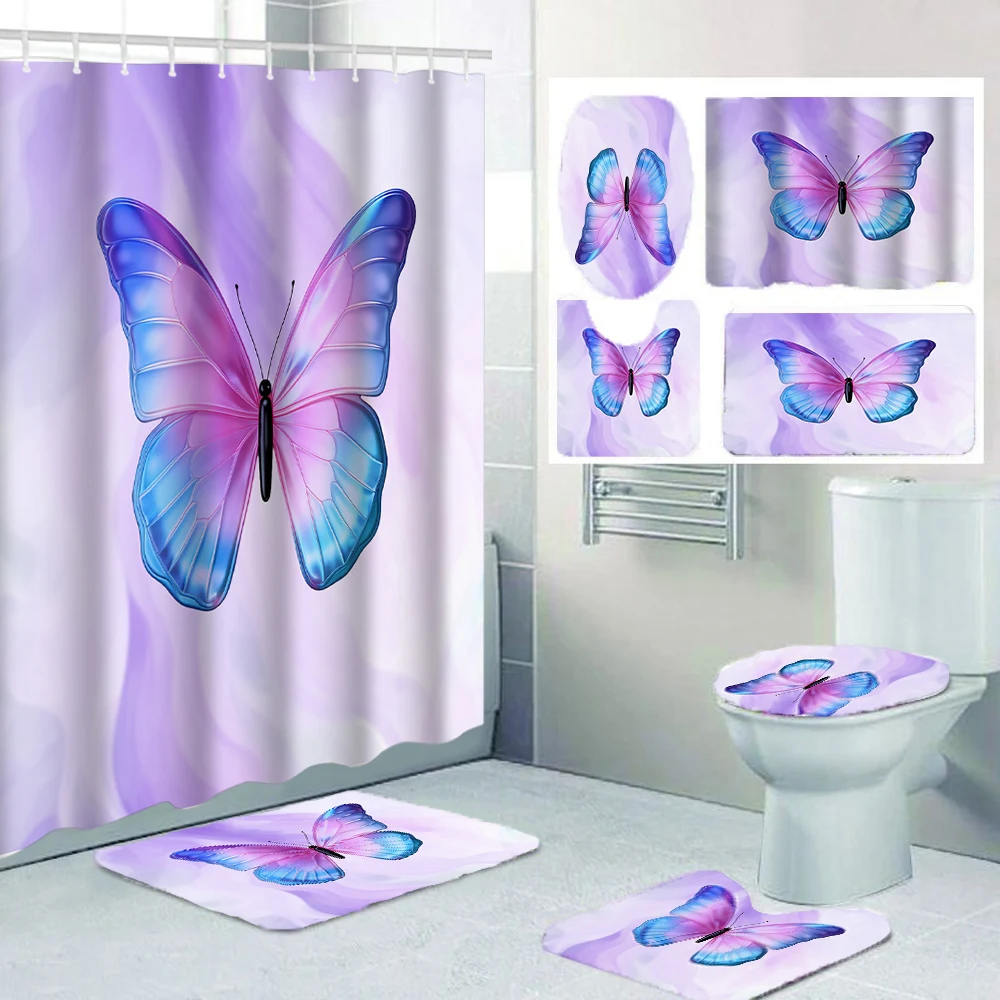 1/4 Pink Butterfly Circle shower Curtains, Toilet Seat Decoration, Shower Curtain with Carpet and Toilet Lid, 12 70.8x70.8 inch