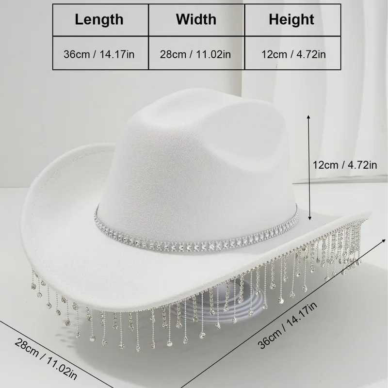 Trendy women's felt hat with sparkling chain delicate rhinestone tassels, perfect for birthdays and camping