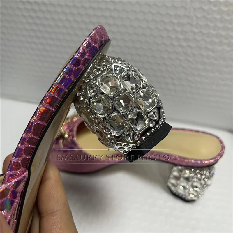 Unique Crystal Decor Chains Sandals Women Diamond Rhinestone Embellishment Strange Heel Luxury Leather Slingbacks Summer Mules