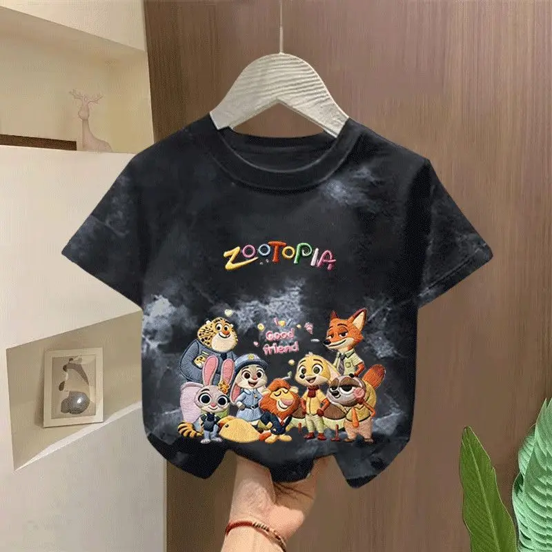 

Super Cute Zootopia Kids Summer Cotton Tie-dye Short Sleeve T-shirt Boys Girls Casual Trendy Round Neck Half Sleeve Top T