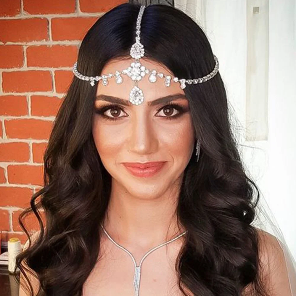 Stonefans Bohemian Bridal Water Drop Head Chain Rhinestone Hair Chain Women Wedding Headpiece Dance Crystal Forehead Headdress