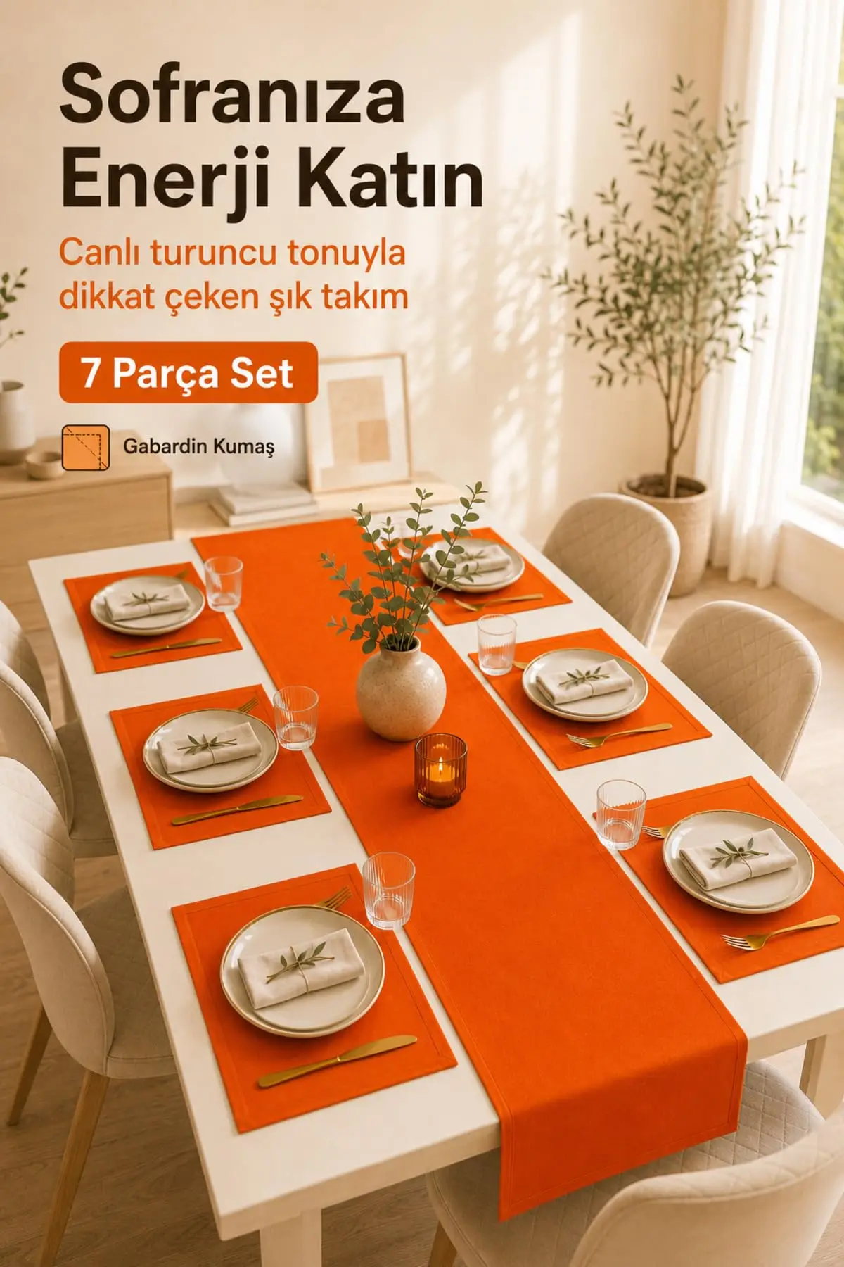 Morlay 7-Piece Table Setting Set Orange Gabardine Fabric Runner 16x63 in & 6 Placemats 14x18 in for Dining Kitchen