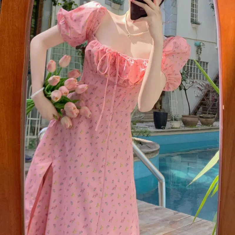 

Fashionable Broken Flowers Dresses Summer Sweet Square Collar Drawstring Women's Clothing French Style Puff Sleeve Long Dress