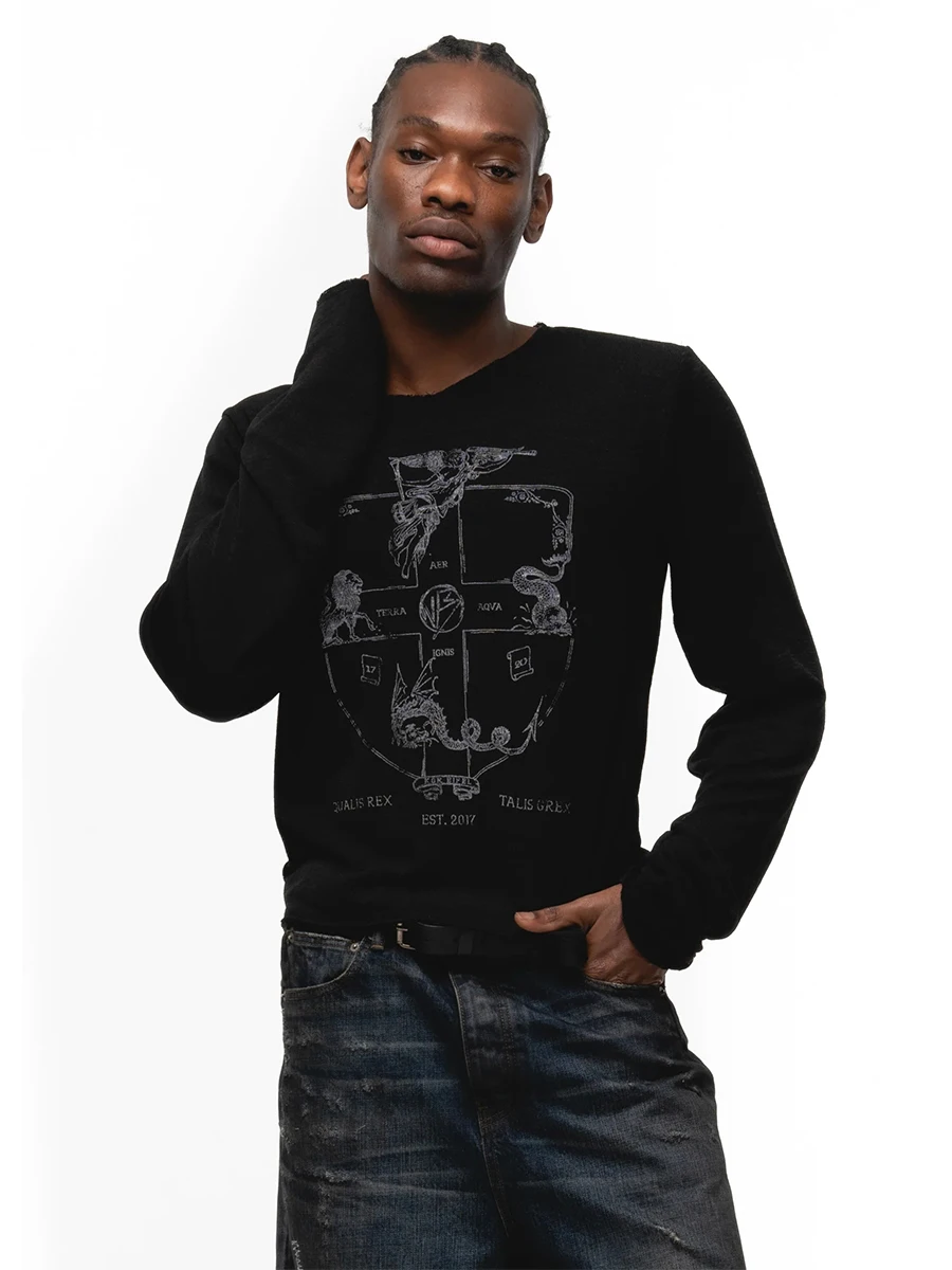 Nofaith Studios V-Neck Double Layer Slim Fit Long Sleeve Hand-Painted Shield Pattern Printed Casual Top Polyester Fiber Stand...