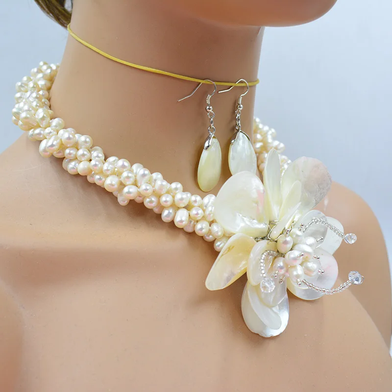 Brand new 4 strand 6MM 100% natural freshwater pearls/ocean shells. Handwoven Flower Necklace/Earring Set 20 \