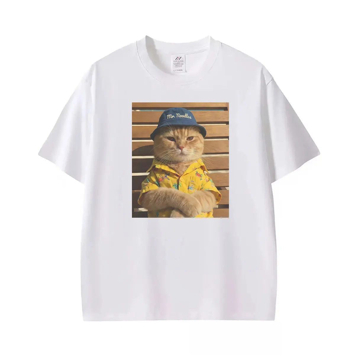 Mr. Noodle Cat in Bucket Hat Funny Kitty Photo T Shirts Unisex Retro Short Sleeve T-shirt Women's Clothing Casual TShirt