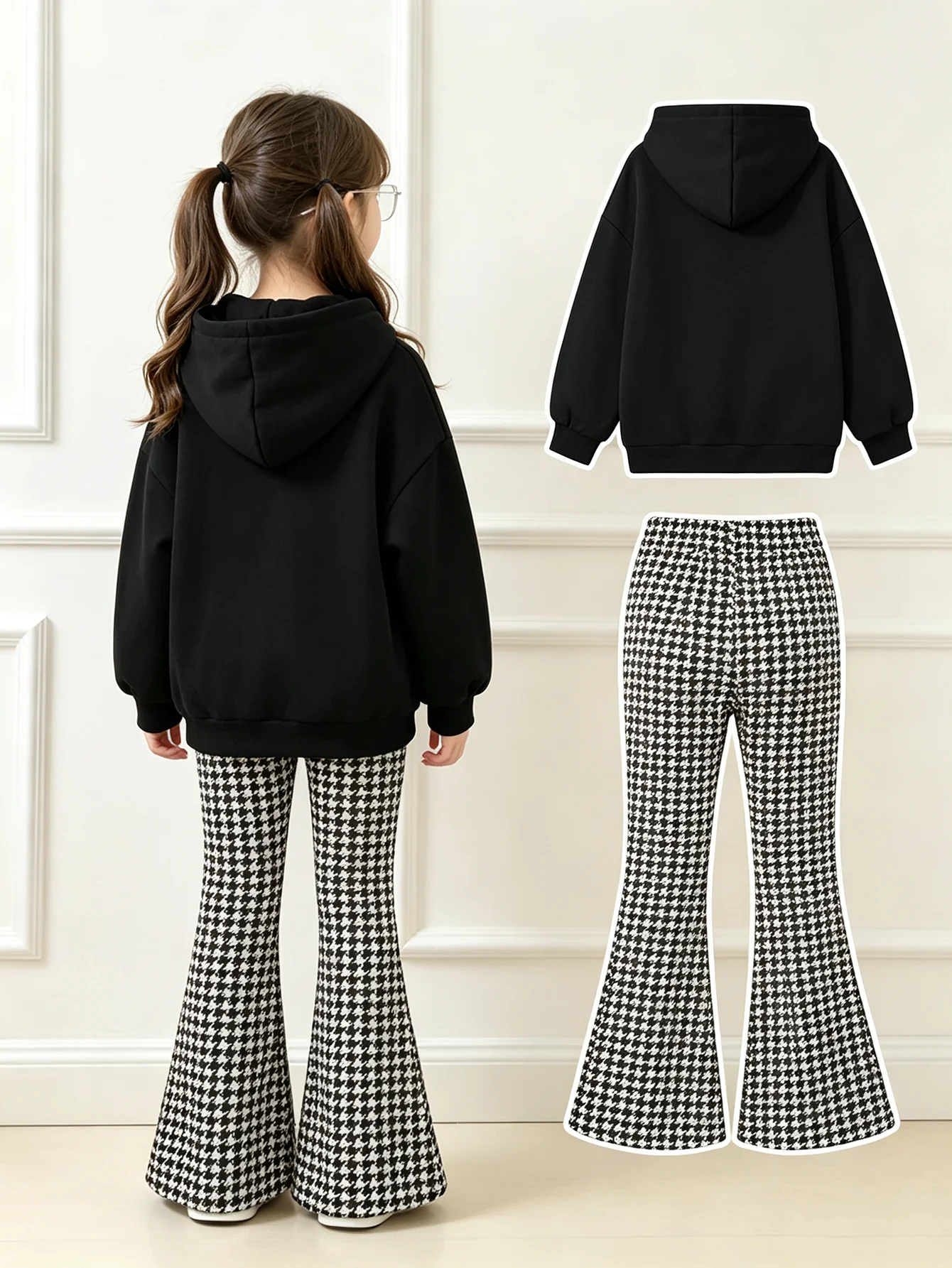 Children's Casual Hooded Solid Color Long Sleeved Sweatshirt Top with Houndstooth Flared Pants Clothing Set