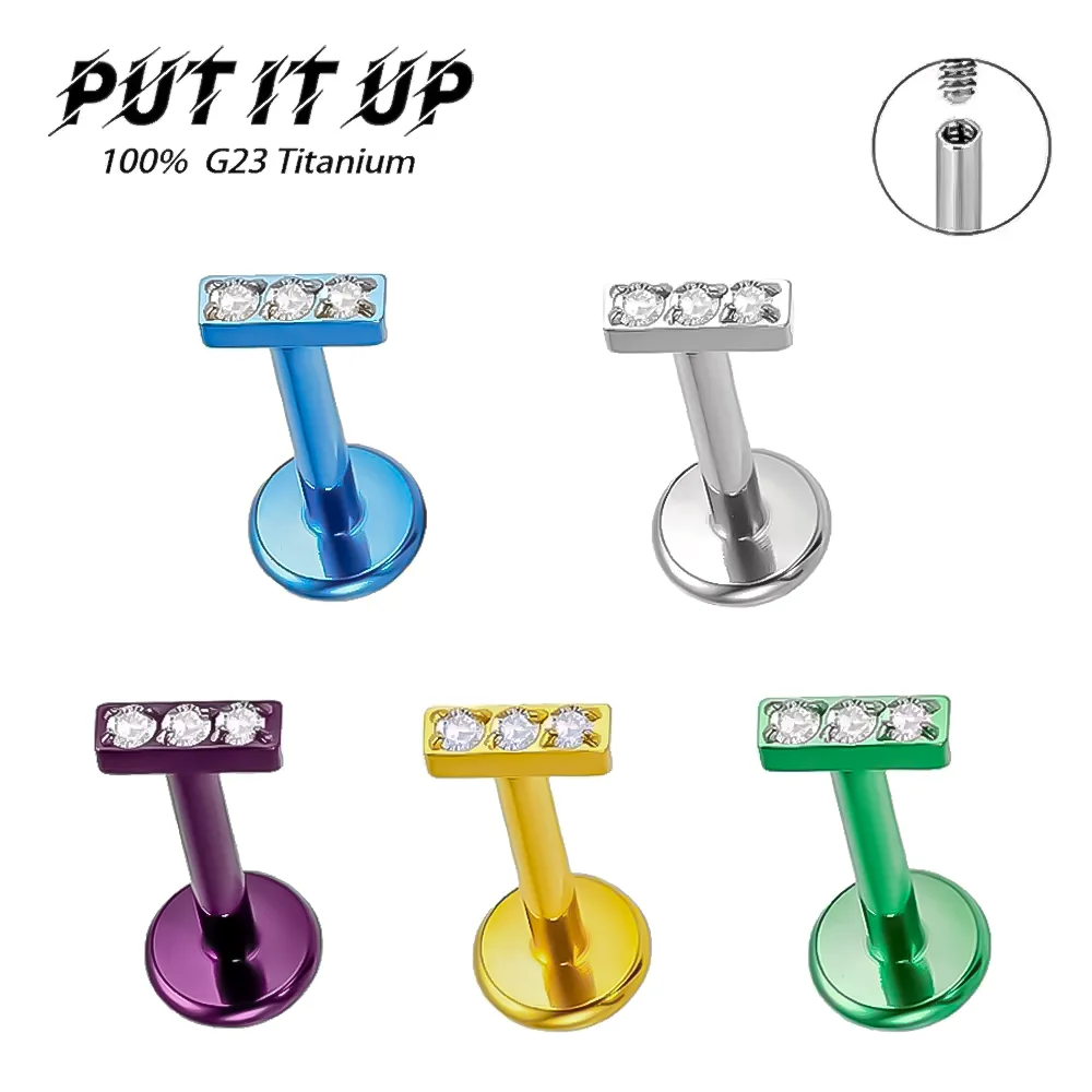 

PUTITUP Official G23 Titanium Triple Zirconia Flat Minimalist Earrings Anodised Lip Studs Ear Bone Studs Body Piercing Jewellery