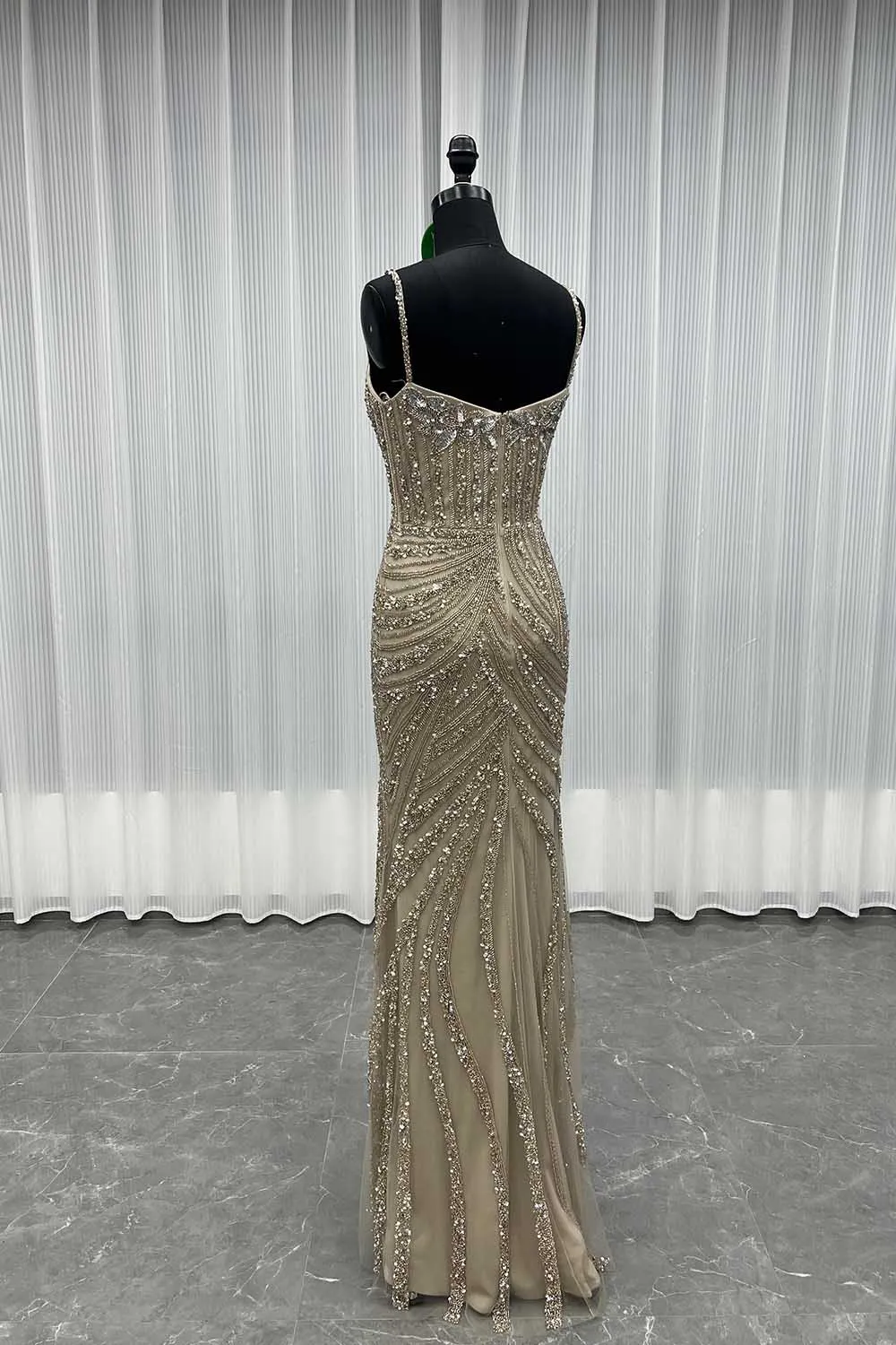 YQLNNE 032 Nude Straps Long Slit Evening Dresses Mermaid Spaghetti Beading Sequined Formal Women Party Gown 032