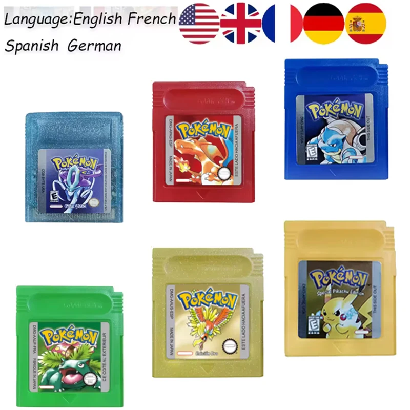 wholesale&Pokemon Red Blue Crystal Golden Green Silver Yellow GBC Game Card 16 Bit Video Game Cartridge Console Cards For GB/SP