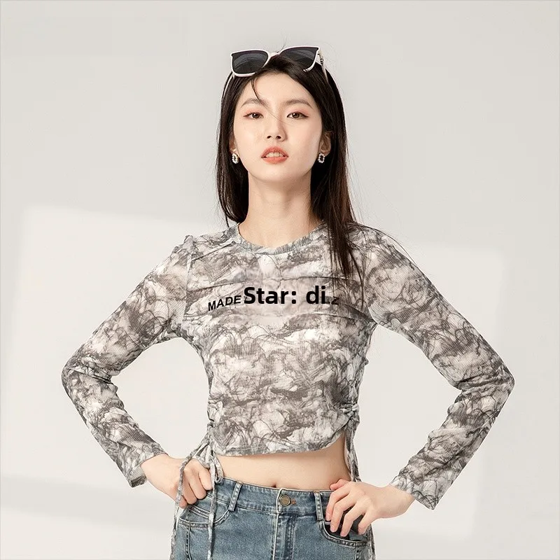 

Slimming Print Long Sve Base irt Inner Wear Top Trendy Street Sle round Ne Classic Pattern Casual Spring T-irt