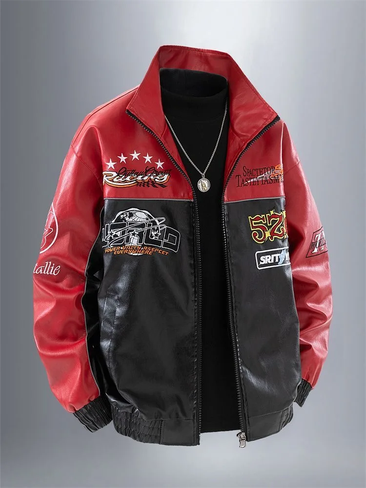 Men's spliced stand up collar zipper bicycle jacket with loose letter pattern print, women's street wear motorcycle jacket