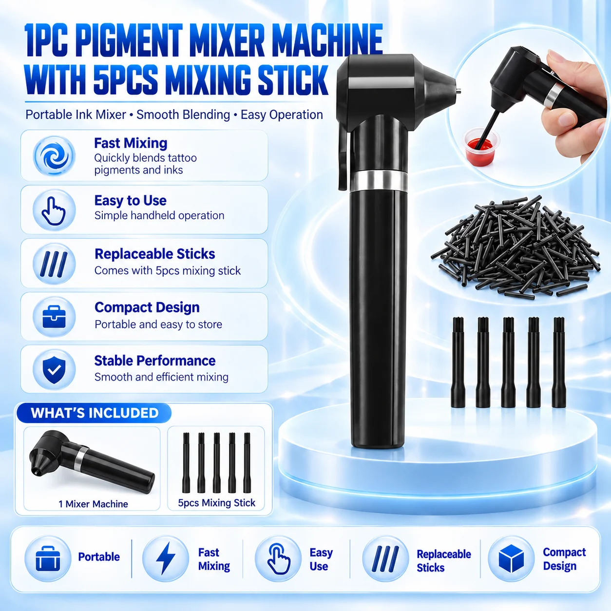 Audersigt Tattoo Ink Mixer Pigment Mixer Machine with 5PCS Mixing Sticks for Eyebrow PMU Color Mixing