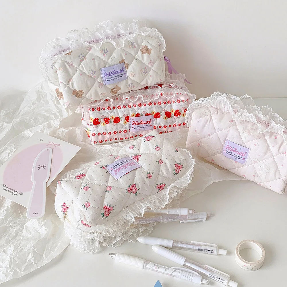 Cartoon teddy bear lace pencil case for girls with high looks, stationery storage bag, portable makeup bag