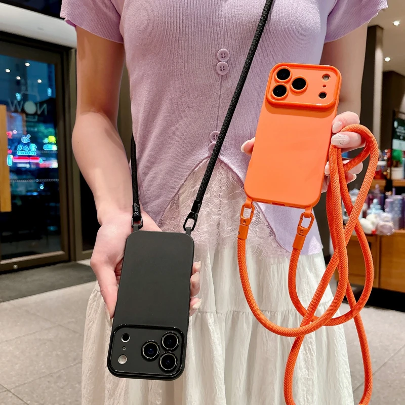 Luxury Large Window Diagonal Hanging Rope for iPhone 13 14 15 16 17 Pro Max Anti Drop Candy Colored TPU Soft Protective Cover