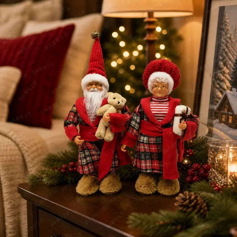 Christmas Figurine Plaid Pajama Santa Couple Figurine Standing Tabletop Home Holiday Decoration Gift