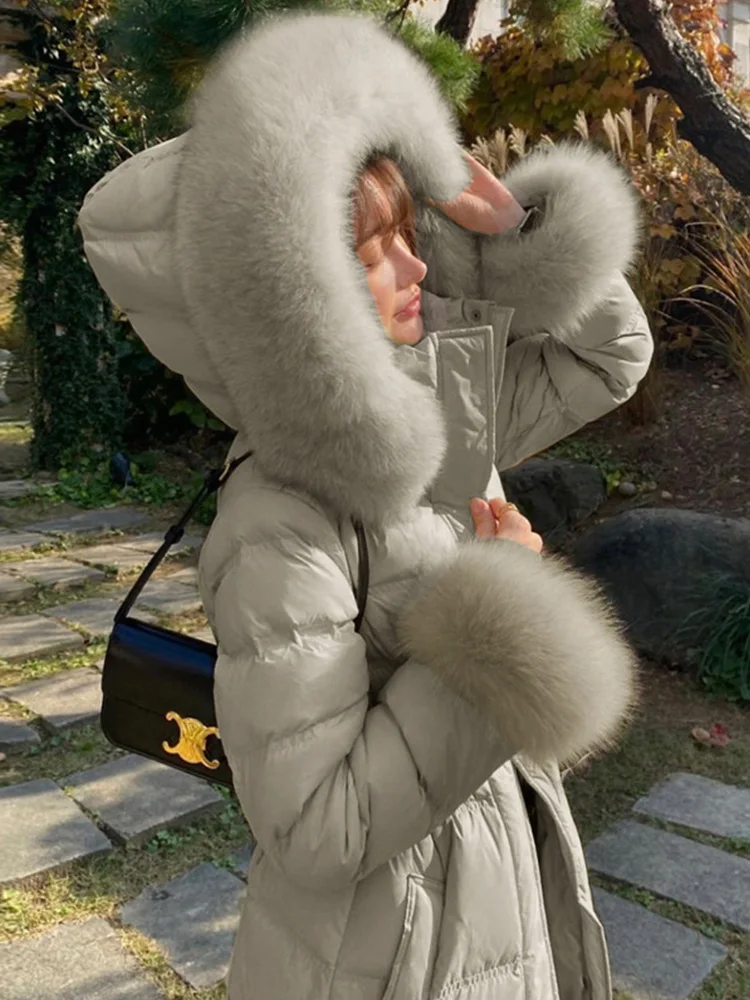 Long Overcoat High Quality Female Warm Slim Parka White Duck Down Coat Fashion 2024 New Winter Fox Fur Collar Jacket Women N21