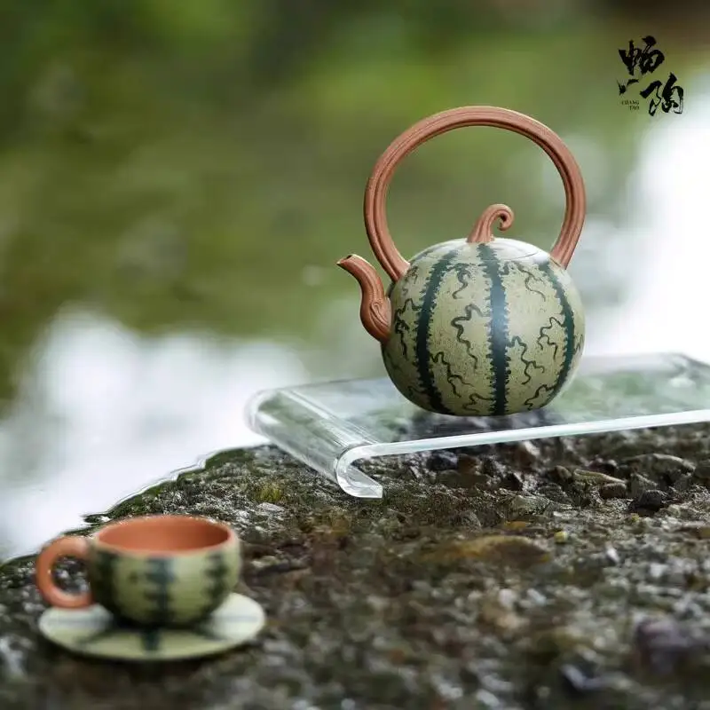 [Changtao]Original Mineral Purple Clay Teapot, Handmade High-End Li Shengxin Danmu Watermelon Teapot Set With Handle, 250Cc