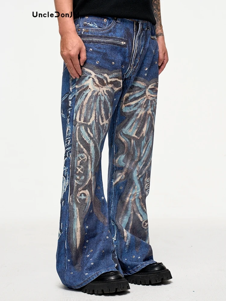 Hand-painted Three-dimensional Digital Printing Horn Jeans Skinny Jeans Men Flare Pants