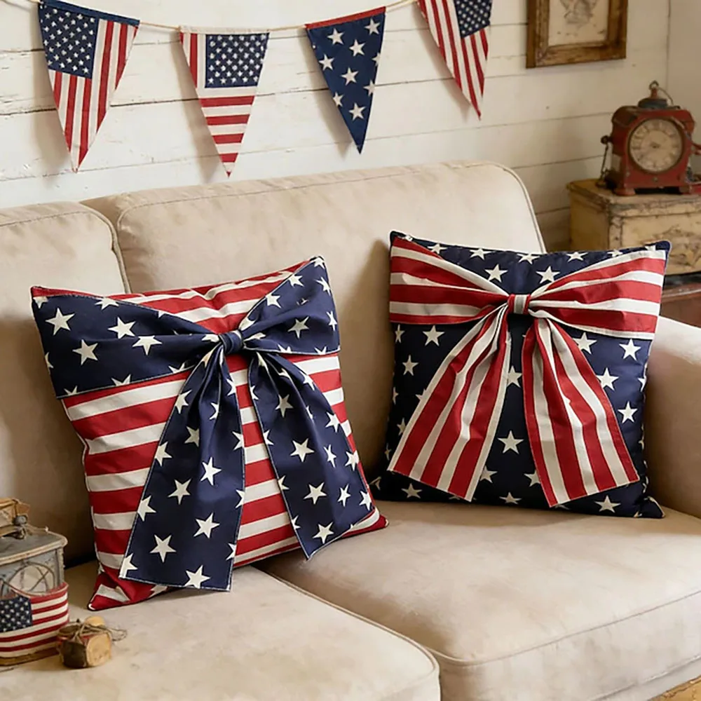 2-Piece American Flag-Themed Pillowcase Set, 18x18 Inches, Featuring Bow Stripes and Star Patterns, Perfect for the Living Room