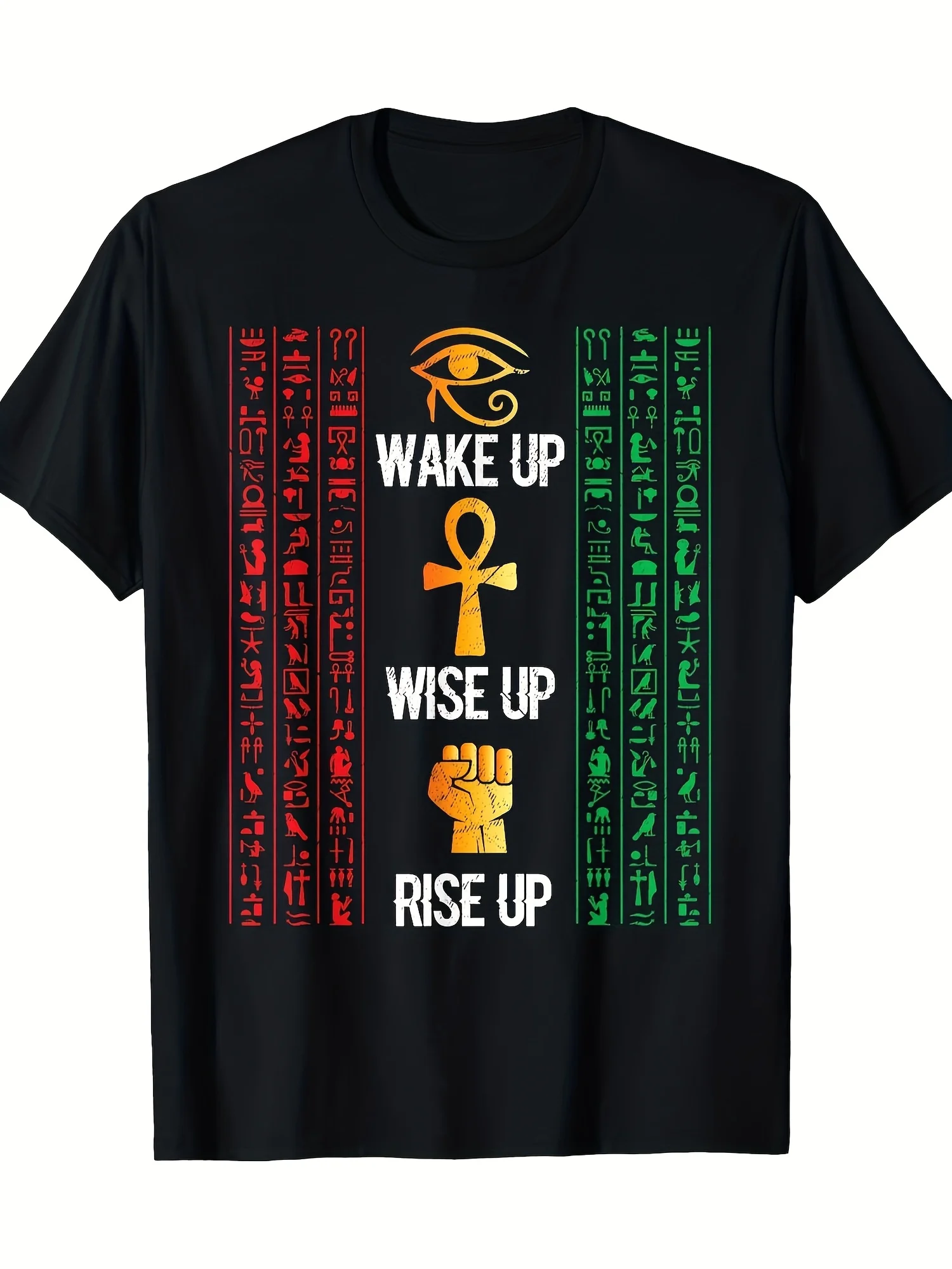 2026 T-Shirt Featuring Egyptian Hieroglyphs And The Ankh Eye of Horus Design, Made from a Knitted Fabric Suitable for All Season