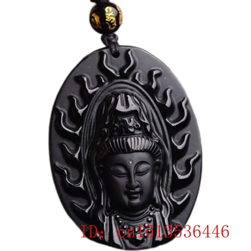 Natural Black Obsidian Flame Guanyin Pendant Beads Necklace Fashion Charm Jewellery Hand-Carved Lucky Amulet Gifts