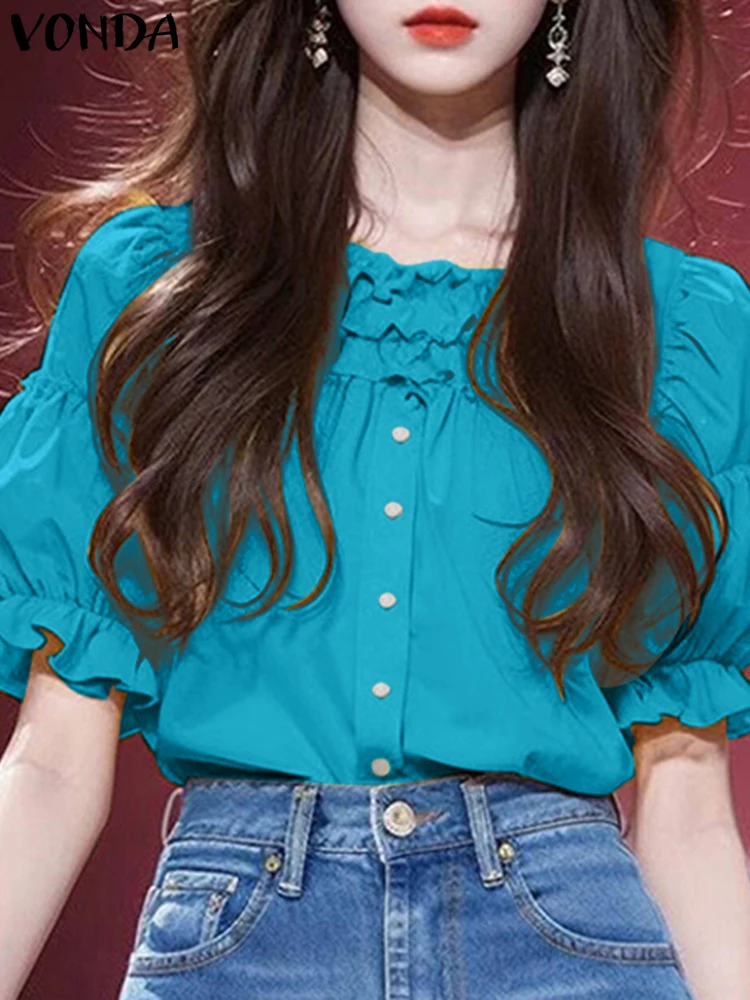 VONDA femmes chemisier à volants décontracté manches bouffantes élégant bureau hauts 2025 femme col rond chemises travail couleur unie Blusas Chemise
