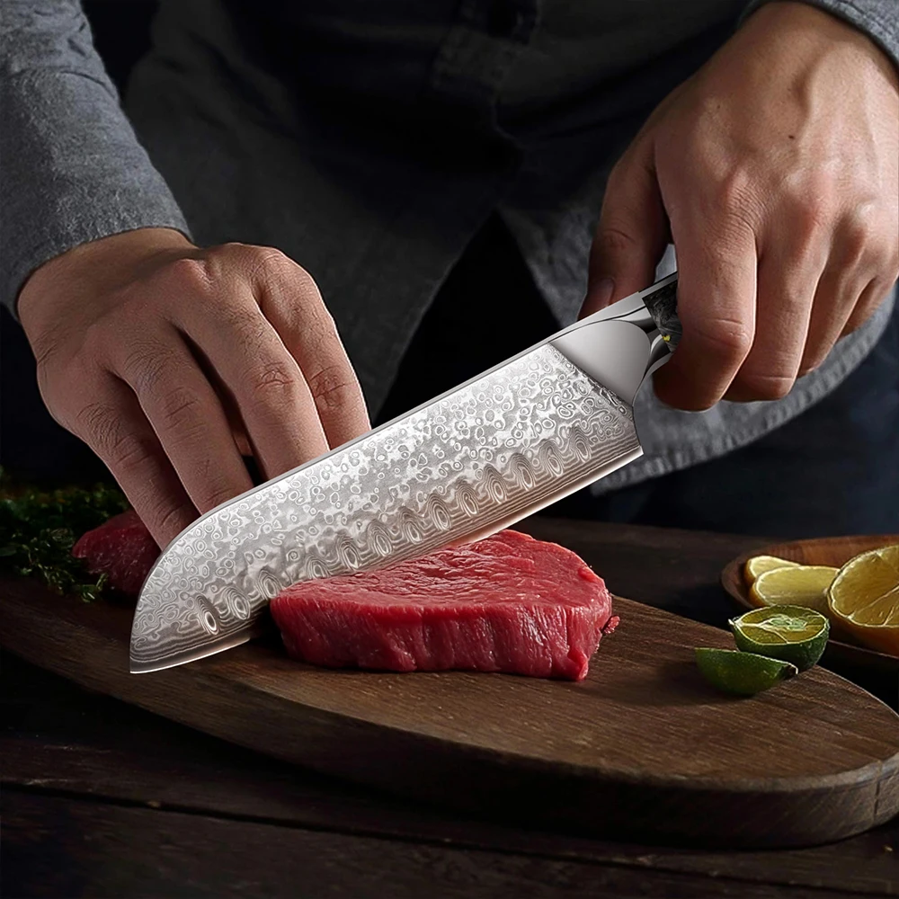 Professionelles Santoku-Messer aus Damaststahl, handgeschmiedetes VG-10-Küchenmesser für das Hacken von Fleisch, Fisch, Obst und Gemüse – Detail 3