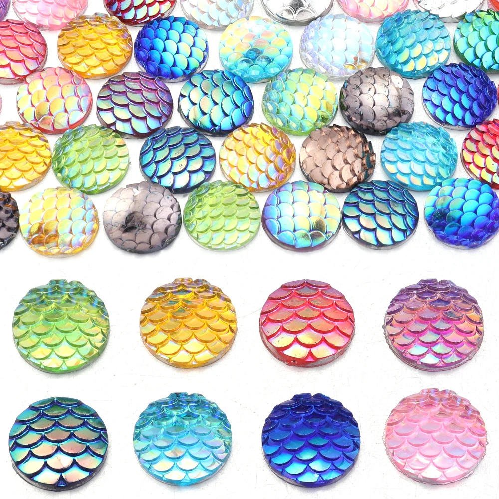 

50Pcs 12mm Gradient Color Resin Cabochon Mermaid Fish Scale Flatback Cabochon Embellishment for DIY Crafts Earrings Findings