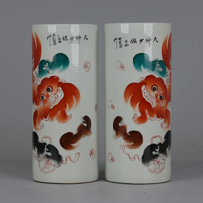 Пара вазовых цилиндров, коробки для шляп с красными львами, китайская ваза, фаркан, антикварный фарфор династии Цин