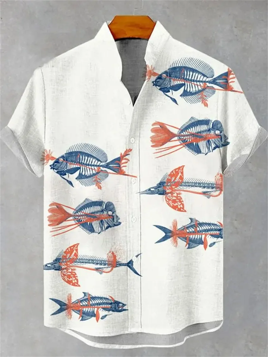 2025 Men's Summer Casual Artistic Fish Pattern Printed Linen Short Sleeve Shirt, Comfortable and Fashionable Button Men's Tops
