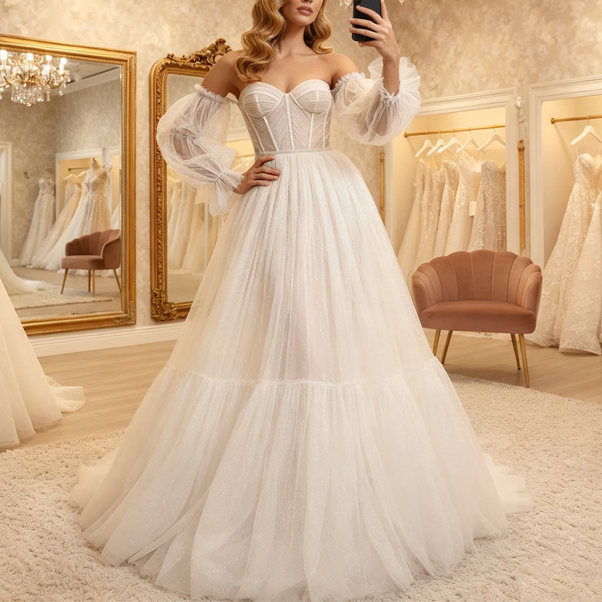 

Simple Sweetheart Tulle Ball Gown Wedding Dresses Puffy Sleeve Vestidos Novia A Line Long Bridal Party Gown For Women