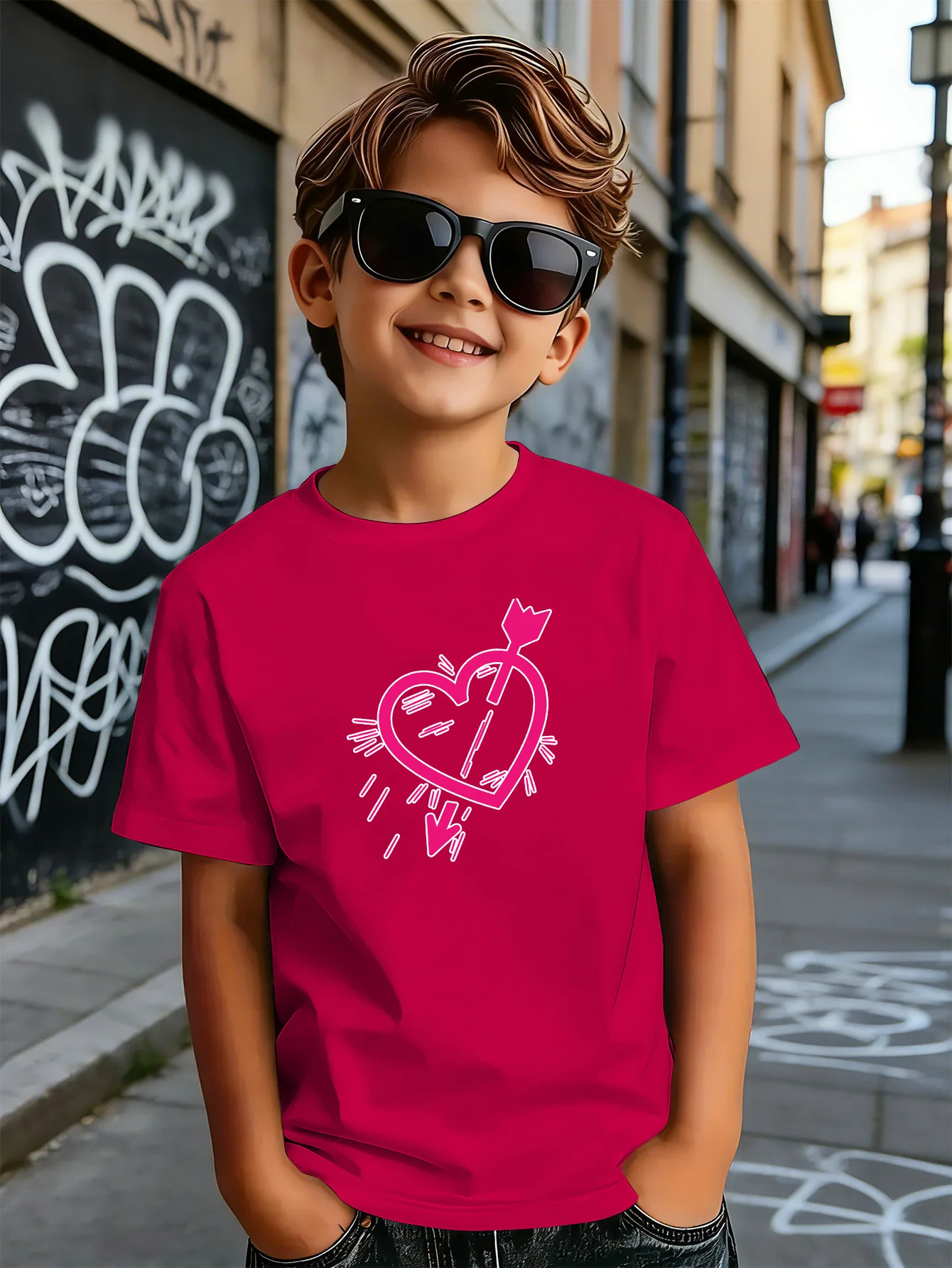 Pink Arrow Through Heart Line Art Print Kids T Shirt Boys Girls Short Sleeve Crew Neck Cotton Love Parent Child Matching Tees