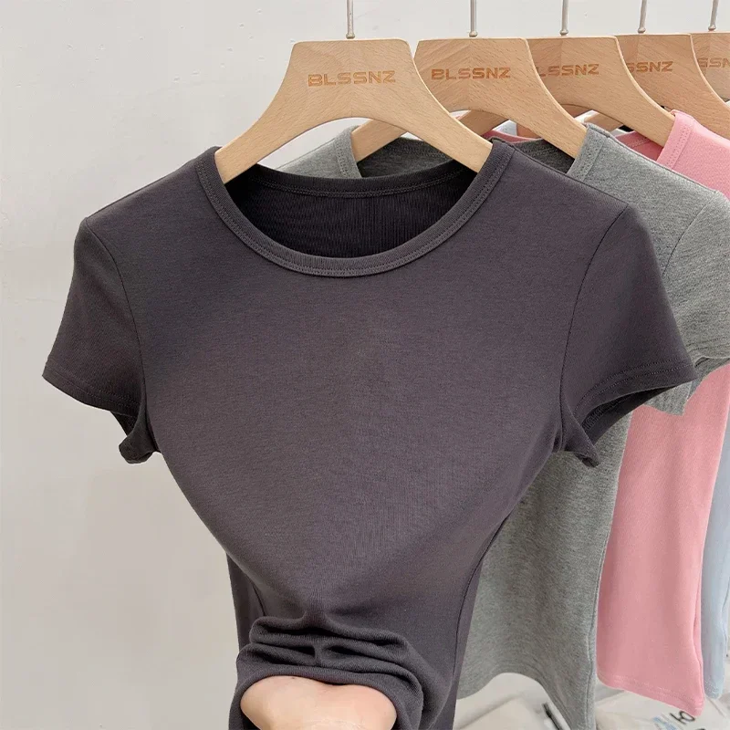 

AOSSVIAO 2025 Summer White Cotton O Neck T-shirt Student Short Sleeve Versatile Tops Solid Slim Fit T Shirts Y2k Tee