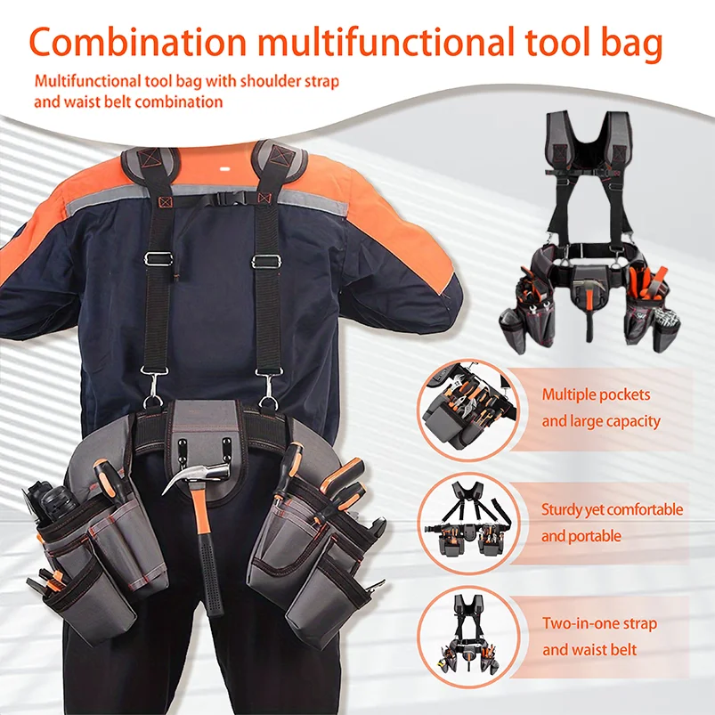 Multi-pocket men's Oxford tool waist bag, adjustable shoulder strap, suitable for electrician, carpenter's hardware tool bag.