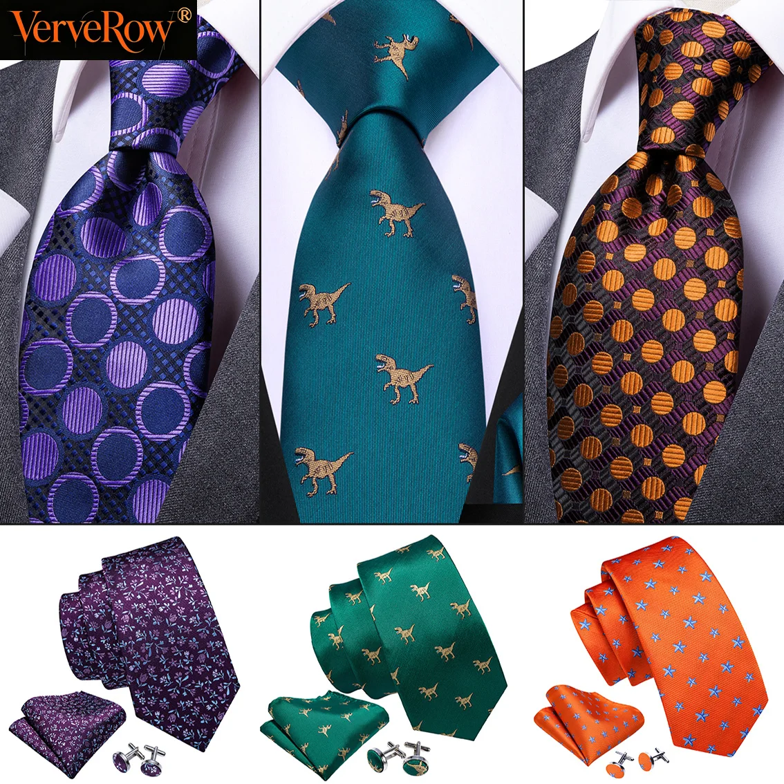 VERVEROW Men's Classic Woven Cartoon Polka Dot Ties with Pocket Square, Formal Casual Necktie Set for Wedding Business Party