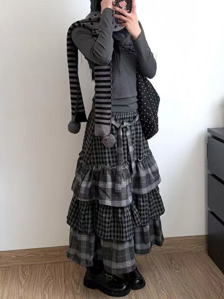 Japanese Style Vintage Puffy Cake Skirt Women Sweet Plaid Patchwork Ruched A-line Midi Skirts Harajuku Aesthetic Casual Clothing