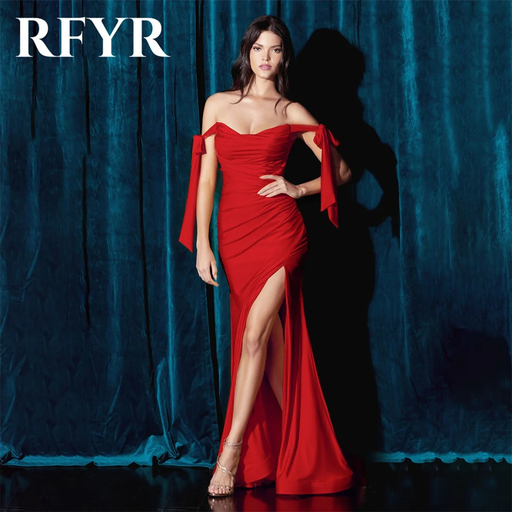 

RFYR Red Evening Dresses for Party Satin Off the Shoulder Pleats Long Mermaid Prom Gowns Split Scoop Celebrity Dress Customized