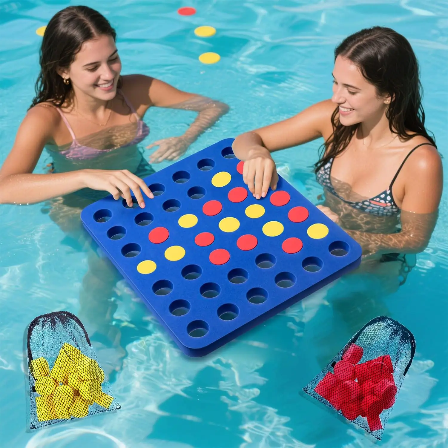 

4 in a Row Pool Game Set, Floating Board with Chess Pieces & Mesh Bag for 2 Players