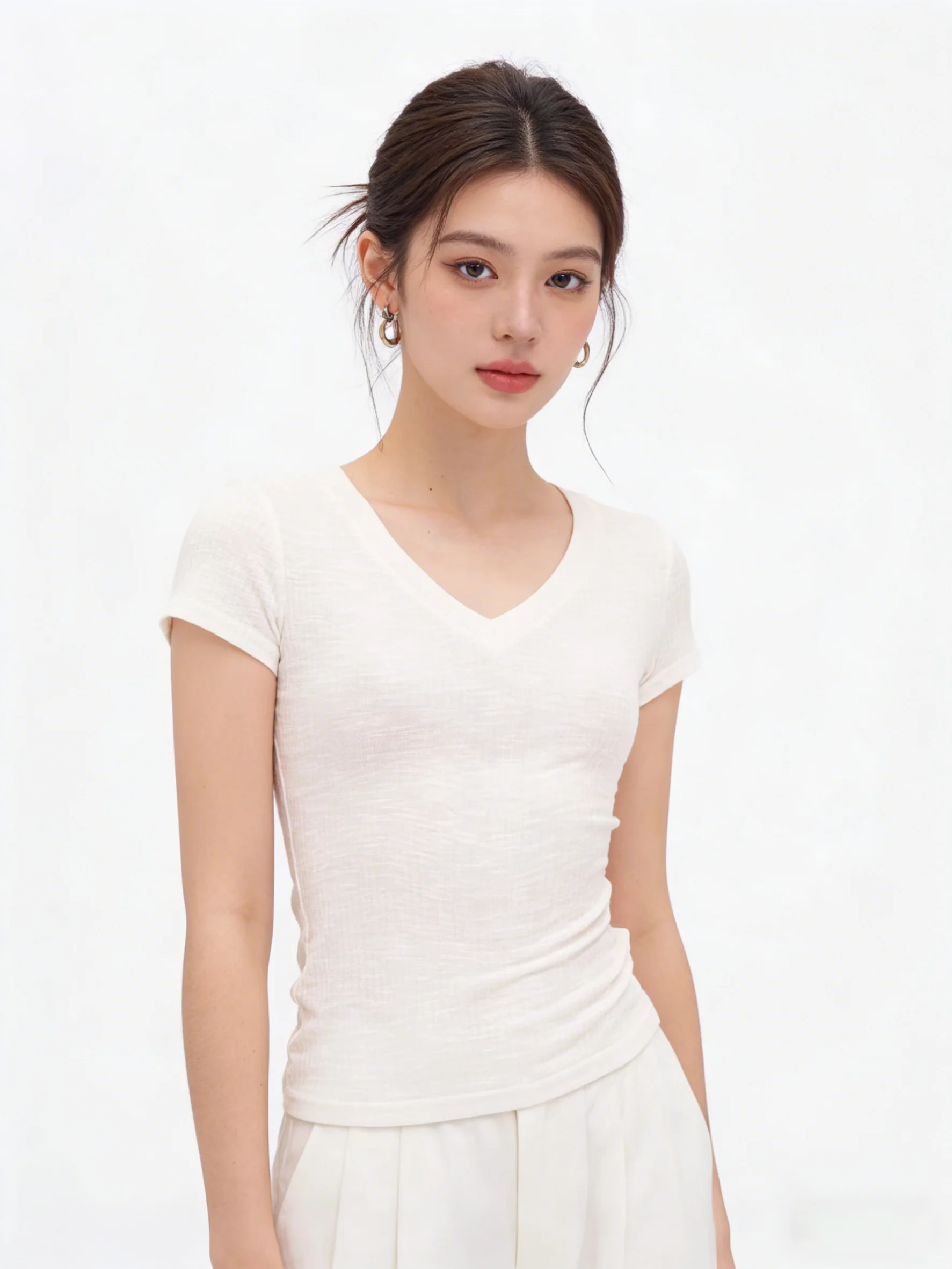 Korean Style Beautiful White V-Neck Short Sleeve T-Shirt Women Summer New Light Maturity Simple Fit Upper Body Fashionable Co...