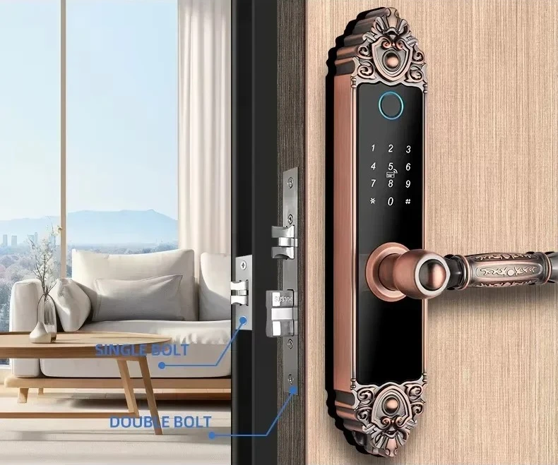 

Smart Home Digital Lock Electronic Fingerprint Smart Lock European Home Indoor Door Handle Lock Golden Red Brown Tuya TTlock
