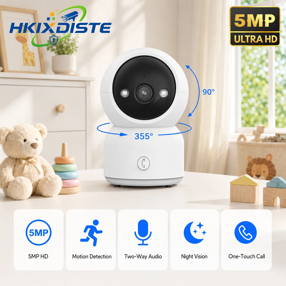 5MP Smart WiFi Indoor Camera PTZ 355 Pan 90 Tilt Motion Detection Two Way Audio Night Vision TF Card One Touch Call Baby Monitor