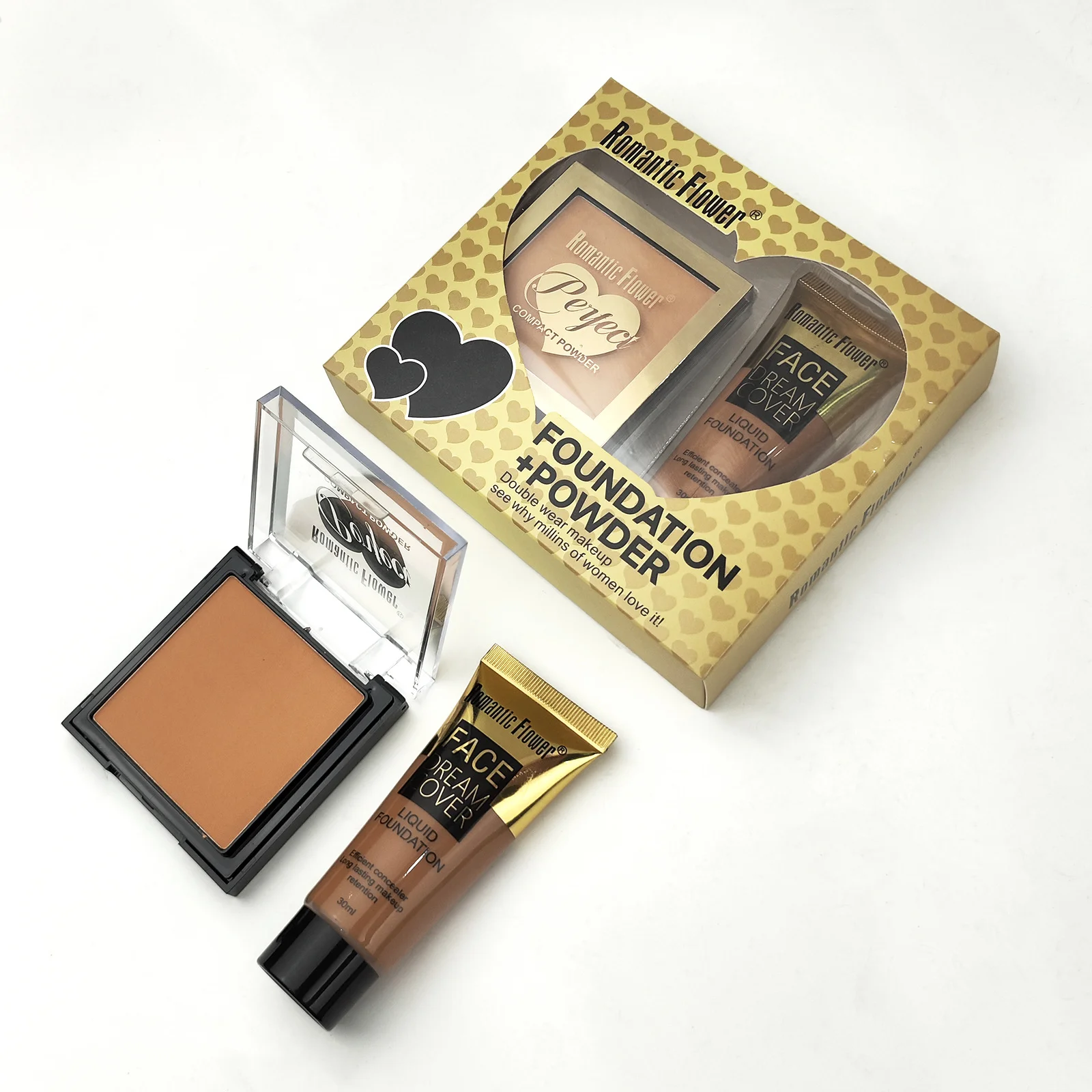 Maquillaje facial de flores románticas, corrector de estuche de base líquida y en polvo 2 en 1, duradero y sin maquillaje, adecuado para pieles oscuras