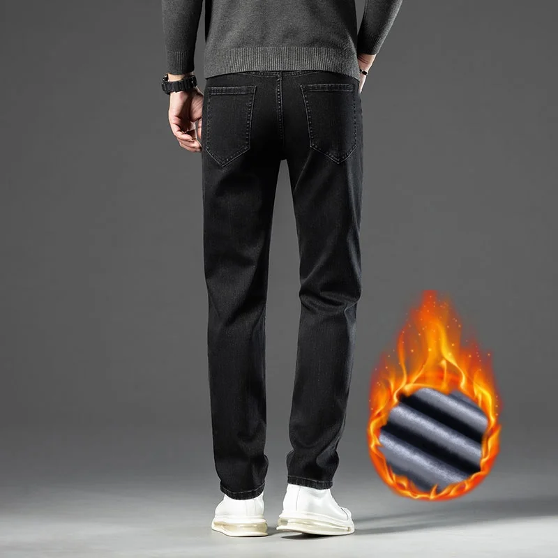 Neue Winter Stil männer Dicke Jeans Baumwolle Elastische Samt Warme Denim Hosen Modische Fit Gerade Slim Fit Wolle Arbeit Hosen