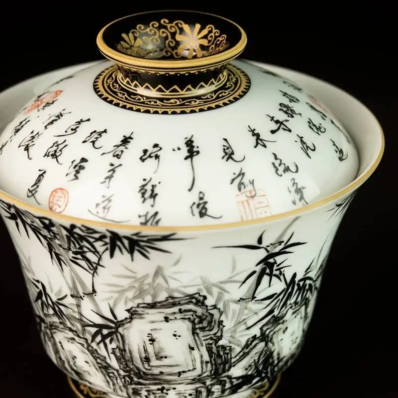 Sacred Mountain Ink Painting With Gold Script Bamboo And Stone Jingdezhen Ceramic Set Hand-Painted Tea Brewing Gaiwan