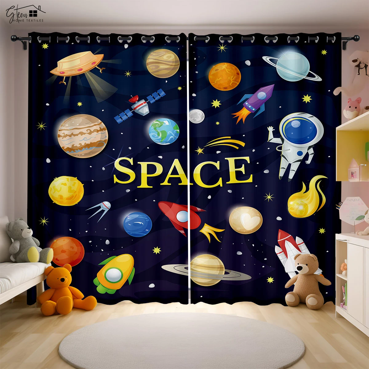 Cartoon Universe Curtains Astronaut Spaceship Rocket Moon Alien Children's Room Children's Bedroom 3D Printing Curtains 2PCS